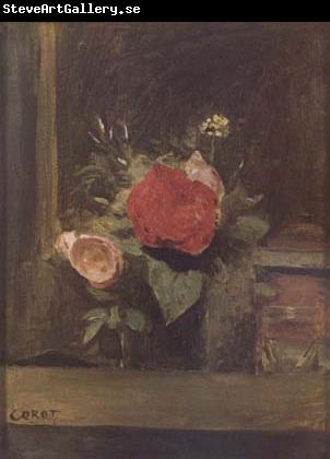 Jean Baptiste Camille  Corot Bouquet de fleurs dans un verre a cote d'un pot a tabac (mk11)